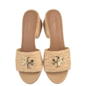 Tory Burch Beige Woven Mules with Gold Accent